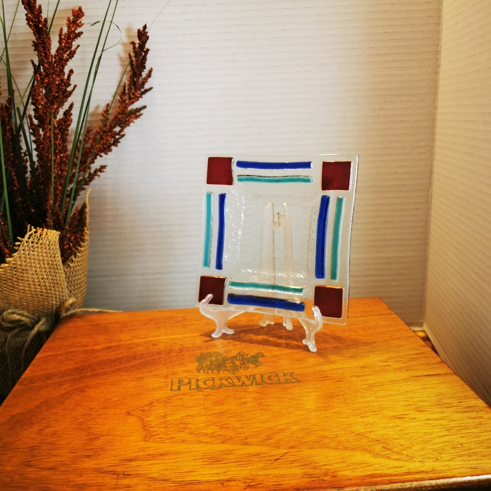 Vintage Fused Glass Geometric Square Trinket Dish